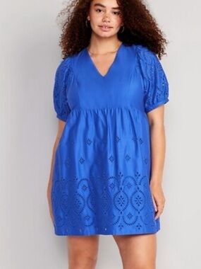 Old Navy Royal Blue Eyelet V-Neck Midi Dress